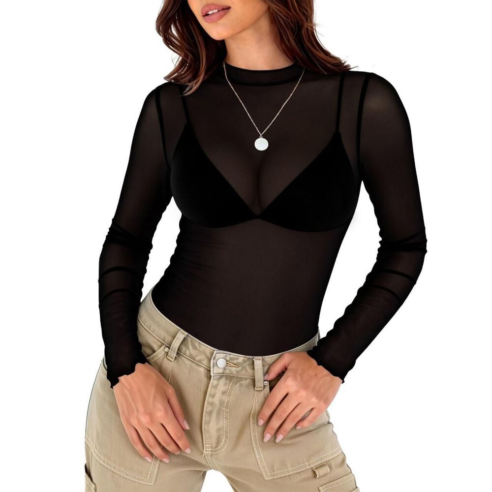 Grung Punk Sheer Mesh Mock Neck Long Sleeve Top Going Out Club Blouse